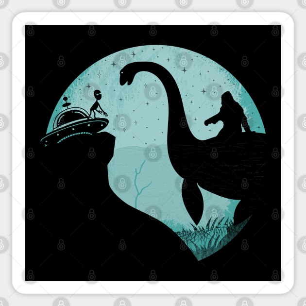 Bigfoot Riding Lochn Ness Monster, Sasquatch Ufo Nessie Alien Sticker by Tesszero